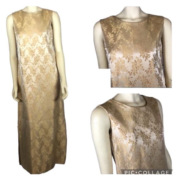 Vintage 1960s Gold Satin Damask sleeveless maxi Dress size large - Picture 1 of 12